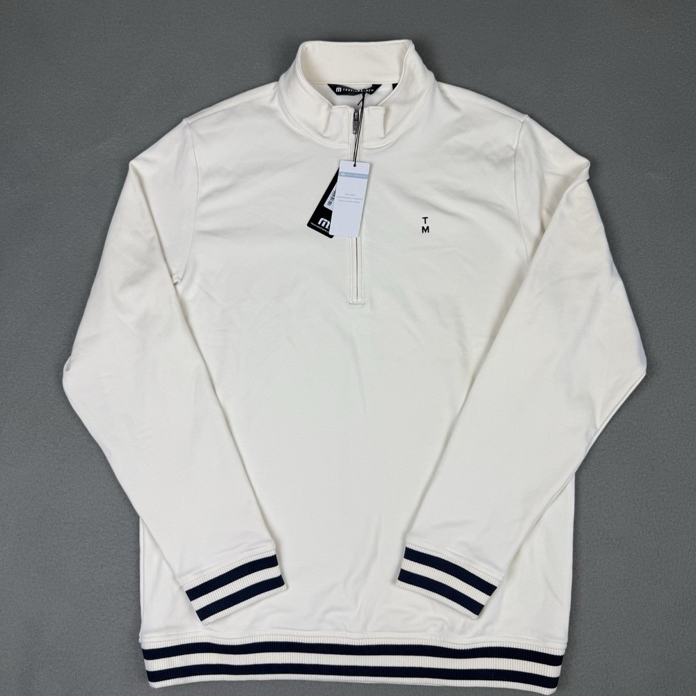 Travis Mathew Happier Hour Quarter Zip Cream Ivory Birch Men M Golf Sweater READ
